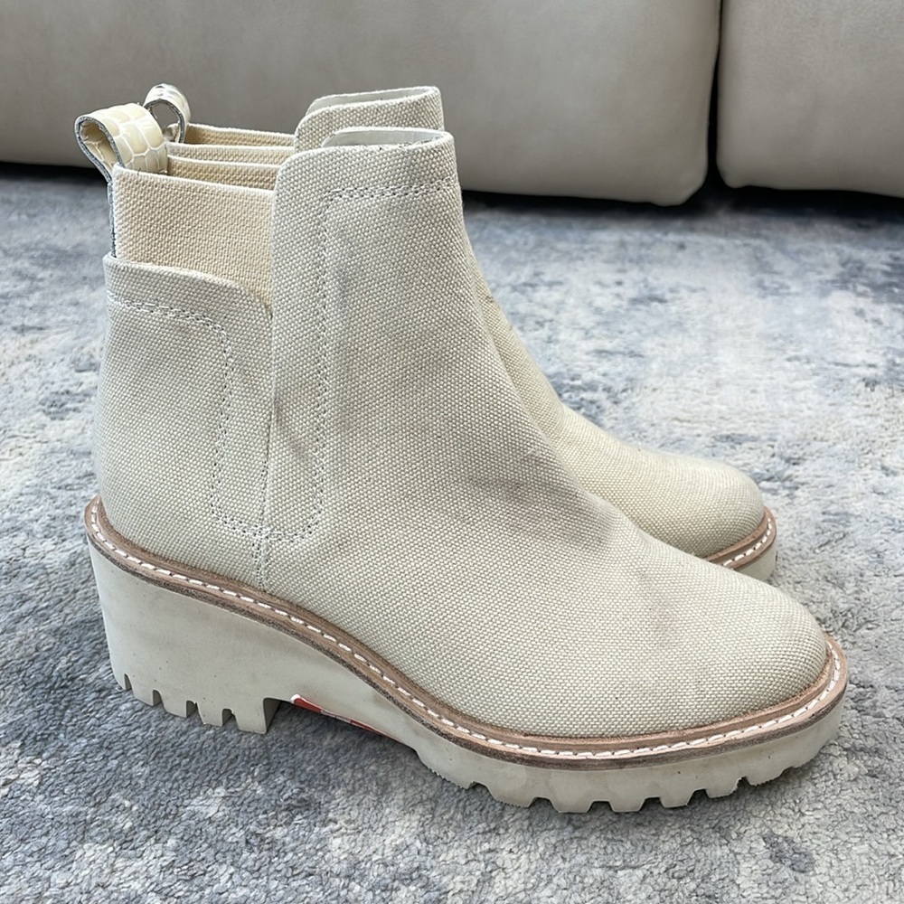 New Dolce Vita Huey Booties Ankle Boot Cream Sandstone Canvas Sz 6 - Picture 4 of 16